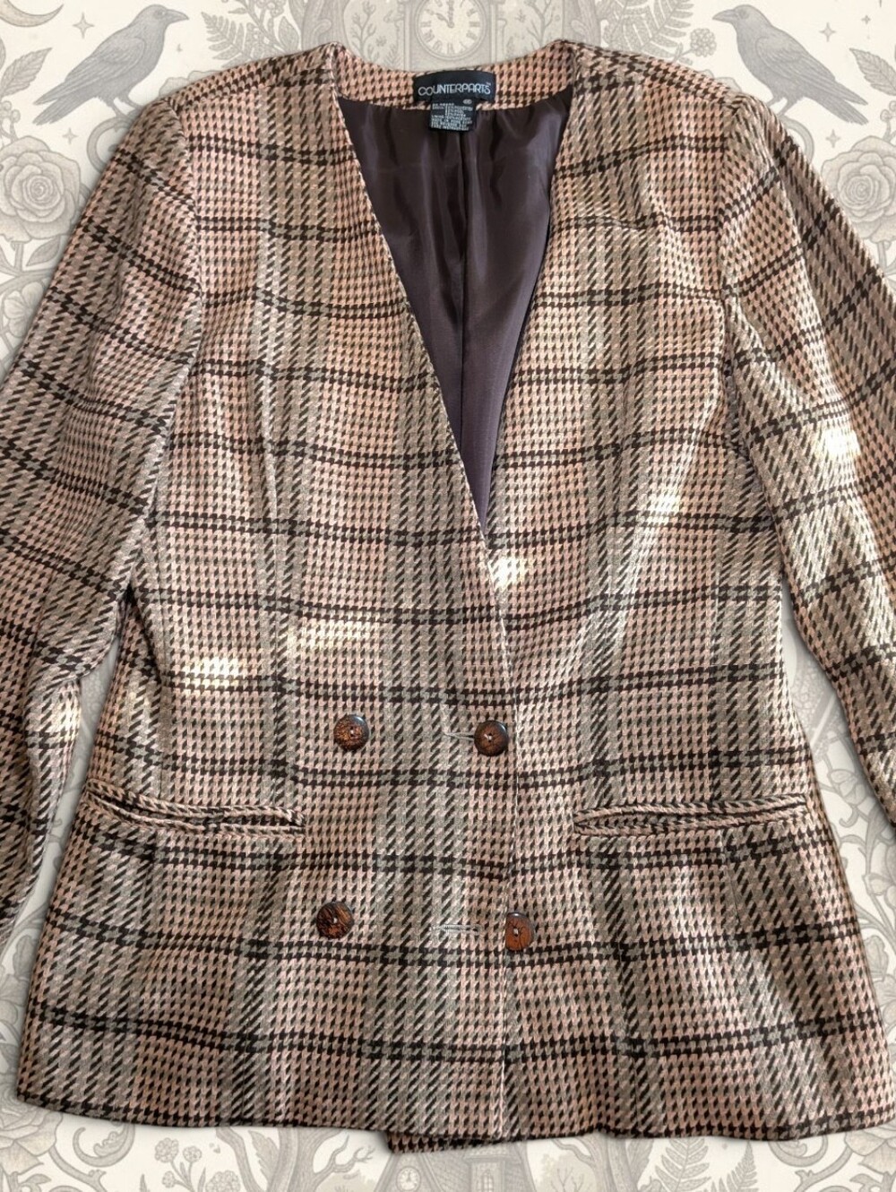 Dark Academia Vintage Houndstooth Plaid Wool Blend Blazer 12 Counterparts Jacket